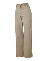 Pantalón jeans color beige de tiro medio y pierna recta con costuras verticales decorativas en el frente, bolsillos laterales y presillas para cinto.