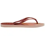 Ojotas Havaianas Slim Palette Glow con base estampada con franjas de colores pastel y tiras finas color cobre.