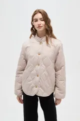 Campera de diseño acolchado con patrón capitoneado, cuello mao y cierre frontal con botones. Presenta mangas largas y un corte recto.