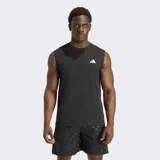 Musculosa deportiva Adidas de entrenamiento, color negro con cuello redondo y logo de la marca estampado en blanco en el pecho. Presenta un diseño sin mangas con tecnología Climacool para mayor transpirabilidad.