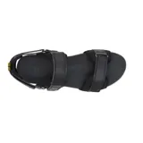Sandalias Caterpillar modelo Second Chance para mujer, en color negro con suela gruesa track color marfil. Presentan tiras anchas con ajuste de velcro y detalles de la marca en amarillo.