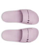 Sandalias Under Armour W Armour Slide Lite color lila con textura en la tira y logo de la marca en color morado oscuro.