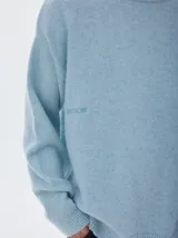 Buzo de punto color celeste, con cuello redondo y manga larga, de calce holgado y puños acanalados.