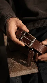 Cinturón de cuero genuino color marrón con costuras visibles y hebilla metálica de acabado envejecido. Incluye una etiqueta de cuero colgante grabada con la marca.
