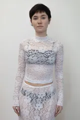 Remera negra de manga larga confeccionada en encaje, con cuello redondo y corte ajustado al cuerpo.