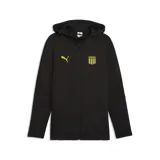 Campera deportiva con capucha y cierre frontal completo de la marca Puma, modelo CAP Hooded Jkt, en color negro con detalles en amarillo. Incluye el escudo del Club Atlético Peñarol y el logo de Puma en el pecho.
