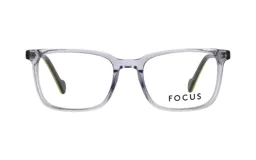 Armazón de anteojos recetados Focus Premium, con marco rectangular de acetato transparente y detalles en color verde lima en el interior de las patillas.