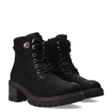 Botas acordonadas de mujer Miss Carol modelo Laurion, color negro, con taco cuadrado texturizado simil madera, suela dentada y detalle de tejido de lana en la parte superior de la caña.