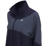 Campera deportiva Under Armour Rival Woven para mujer, color gris y blanco, con cierre frontal, cuello alto y logo en el pecho.