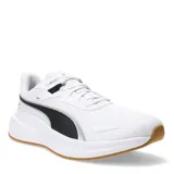 Championes de running Puma modelo Skyrocket Lite, color amarillo neón con detalles en negro y suela blanca. Presentan diseño de malla transpirable, cierre con cordones y tecnología de amortiguación en la entresuela.