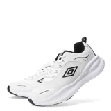 Championes urbanos Umbro modelo Dash, color blanco con detalles en negro. Presentan un diseño moderno con entresuela voluminosa para mayor amortiguación y suela de goma resistente. Incluyen el logo de la marca en el lateral y la lengüeta.