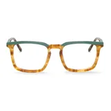 Lentes de lectura con armazón cuadrado de acetato, combinando un diseño carey en la parte inferior y un detalle en color verde en la parte superior.