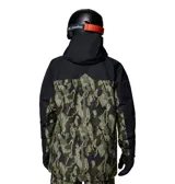 Campera de esquí Columbia Coreshot Printed Jkt, impermeable y transpirable con tecnología Omni-Tech. Diseño combinado en negro en la parte superior y estampado camuflado en tonos verdes en la parte inferior, con múltiples bolsillos con solapa y capucha ajustable compatible con casco.