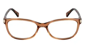 Armazón de anteojos Longchamp con marco de acetato en tono caramelo translúcido y patillas con patrón carey.
