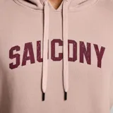 Canguro Saucony color rosa con capucha y cordones ajustables. Logotipo de la marca estampado en el pecho en color bordó. Cuenta con bolsillo tipo canguro y puños y cintura acanalados.