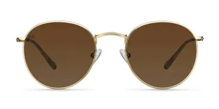 Lentes de sol con montura redonda de metal dorado y cristales polarizados color marrón. Presentan un diseño clásico con puente nasal detallado y patillas finas.