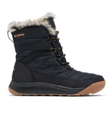 Bota de invierno Columbia modelo Minx Shorty IV, color negro con detalles en naranja. Presenta diseño acolchado, cuello con piel sintética, cierre con cordones y suela de goma color caramelo.