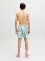 Short de baño con estampado de rayas verticales verdes y blancas sobre el cual se superponen dibujos de temática marina. Cuenta con cintura elástica con cordón de ajuste y bolsillos laterales.