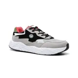 Championes deportivos Hi-Tec Lea con tecnología Memory Foam, color gris, azul marino y tostado, de suela blanca y diseño casual.