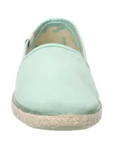 Alpargatas de algodón orgánico color turquesa, con suela de goma y detalle de yute trenzado. Presenta una etiqueta lateral con logo de pato.