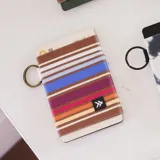 Billetera elástica marca Thread con diseño a rayas horizontales en tonos marrón, blanco, azul, fucsia y naranja. Incluye llavero metálico y logo de la marca.