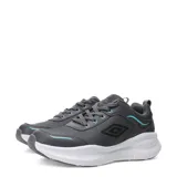 Championes urbanos Umbro modelo Dash, color gris con detalles en negro y acentos en turquesa. Presentan una suela de plataforma blanca y el logo de la marca en el lateral y la lengüeta.
