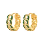Aros tipo argolla de plata 925 con detalles de eslabones en verde y strass.