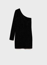 Vestido corto de terciopelo negro con diseño entallado, escote asimétrico de un solo hombro y manga larga. Presenta un estampado de strass brillante en toda la superficie.
