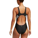 Malla enteriza de natación Adidas, color negro con tres tiras blancas en los laterales.