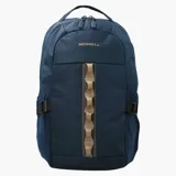Mochila unisex Merrell modelo Trout Basic, color azul marino, con capacidad de 25 litros. Presenta un panel frontal con tiras de ajuste elásticas de color beige y correas de compresión laterales con hebillas negras.