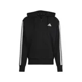 Campera Adidas Essentials 3 Tiras negra con capucha y cierre frontal. Tiene bolsillos tipo canguro, puños y dobladillo acanalados, hombros caídos y las tres tiras blancas características de la marca en las mangas.