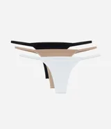 Kit de tres bombachas colaless tipo hilo, sin costuras, confeccionadas en poliamida y elastano. Incluye una bombacha negra, una beige y una blanca.