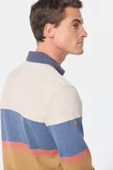 Remera tipo polo de manga larga con diseño de franjas horizontales en tonos azul marino, celeste, verde agua y gris. Presenta cuello clásico con cierre de botones y puños elásticos.