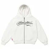 Hoodie con cierre frontal y capucha, color blanco off-white, con estampa tipográfica en el pecho estilo gótico/caligráfico en color negro y bolsillos tipo canguro.
