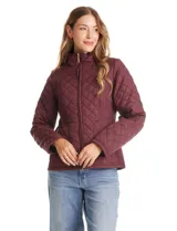 Campera capitoneada azul marino con diseño de rombos y paneles laterales elásticos para un ajuste entallado. Presenta cuello alto, cierre frontal completo y bolsillos laterales con cierre.
