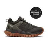 Championes deportivos Hi-Tec modelo Lennox, de diseño robusto en color negro con detalles en gris oscuro. Presenta una suela dentada de color marrón con tecnología de amortiguación Memory Foam, ideal para actividades al aire libre y uso casual.