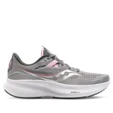 Championes Saucony Ride 15, color gris con detalles en rosa y plateado, ideales para running.