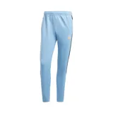 Pantalón de jogging celeste con cintura elástica, logo de Adidas dorado y tres tiras negras en los laterales.