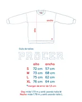 Buzo de felpa azul marino, rojo y blanco con diseño de bloques de color.