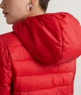 Campera puffer ultra ligera de Blue Steel, color rojo, con capucha, cierre frontal y bolsillos laterales con cremallera. Diseño acolchado con relleno sintético.