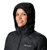 Campera larga tipo parka de Columbia, modelo Delta Ridge II, en color negro. Presenta un diseño acolchado con tecnología HeatSeal sin costuras, cierre frontal de doble sentido, capucha integrada y bolsillos laterales con cremallera. Cuenta con tecnología Omni-Heat termorreflectante y aislamiento de plumón.