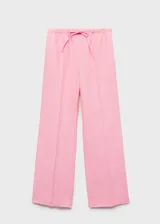 Pantalon de lino color rosado, de corte recto y tiro medio. Presenta cintura elástica con lazo ajustable y diseño largo.