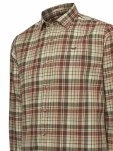 Camisa de franela de algodón orgánico con estampado de cuadros en tonos beige, marrón y rojo. Corte moderno, cuello italiano y manga larga.