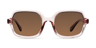 Lentes de sol con montura oversized de forma cuadrada en color rosado transparente y cristales polarizados en tono marrón.
