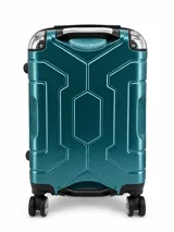Valija rígida color verde turquesa con diseño geométrico texturizado, esquinas reforzadas, cuatro ruedas dobles y asa superior.