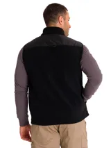 Chaleco de polar negro con cierre frontal, cuello alto y bolsillo en el pecho con solapa y logo de la marca CAT.