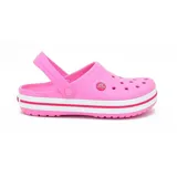 Zuecos Crocs Crocband Clog originales de color rosa con suela blanca y detalles en rojo.