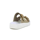 Sandalias negras con dos tiras con hebillas metálicas ajustables y suela de plataforma baja.