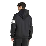 Canguro Adidas de hombre, color negro, con capucha, bolsillo frontal tipo canguro y diseño de tres bandas blancas en las mangas. Presenta el logo de la marca bordado en el centro del pecho.