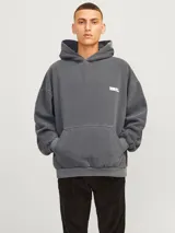 Hoodie gris con capucha, manga larga y calce oversize.